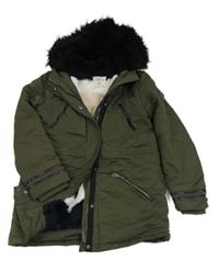 Khaki šusťákový zimní kabát s kapucí s kožešinou vel.176