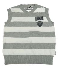 Sivo-biela pruhovaná pletená vesta s nášivkami