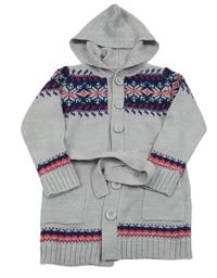 Šedo-tmavomodrý propínací dlouhý svetr se vzorem a kapucí F&F