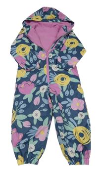 Tmavomodro-barevná květovaná šusťáková jarní kombinéza s kapucí 