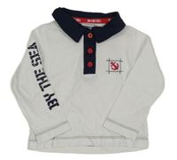 Bielo-tmavomodré polo tričko s nápisom