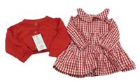 Nové - 2set - Červeno-bílé kostkované plátěné šaty + červené svetrové bolerko F&F