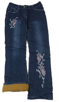 Tmavomodré podšité rifle s výšivkou a kamínky 