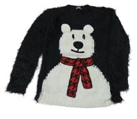 Čierny chlpatý sveter s medvedíkom F&F