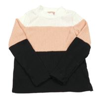 Svetloružová -čierno-biely pruhovaný rebrovaný sveter