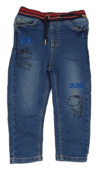 Modré teplákové rifle s dinosaury a pruhovaným pasem M&Co.