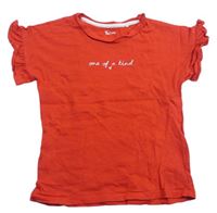 Červené melírované tričko s nápisem a srdíčkem a volánky Tu