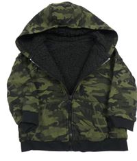 Khaki-černá army propínací zateplená mikina s dinosaury a kapucí Matalan