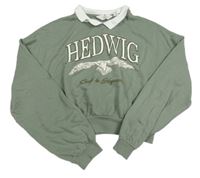 Khaki oversize crop mikina s Hedwigou - Harry Potter a bielým golierikom zn. H&M