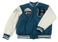 Petrolejovo-smetanový šusťákový zimní baseballový bomber s písmenkem a nášivkami a pruhy ZARA