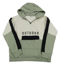 Smetanovo-kaki-čierna mikina s nápisom a vreckom a kapucňou