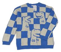 Nové - modro-bílý kostkovaný svetr s dinosaury H&M