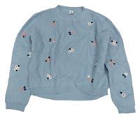 Modrý melírovaný rebrovaný úpletový oversize crop sveter s kvetmi YIGGA