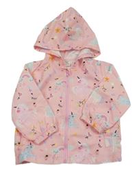 Růžová šusťáková bunda s jednorožci a kapucí