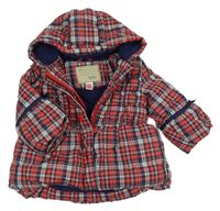 Tmavomodro-červeno-bílá kostkovaná šusťáková zimní bunda s kapucí TucTuc