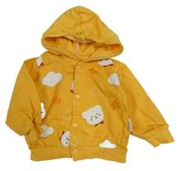 Horčicová ľahká prepínaci mikina s medveďmi a kapucňou