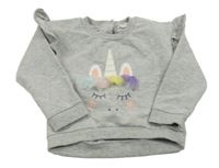 Sivá melírovaná mikina s jednorožcom a volánikmi