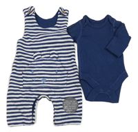 Nové - 2set - Tmavomodro-biele pruhované na traké tepláky s čumákem + tmavomodré rebrované body M&S