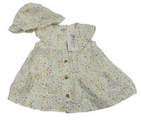 2 set - Bílo-barevné propínací plátěné šaty s kvítky + klobouk M&S