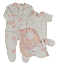 Nové - 5 set - bílo-růžový vzorovaný overal se slony + body + brnydák + čepice + rukavice 