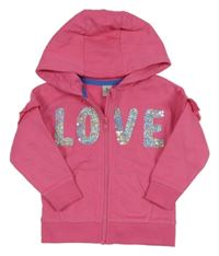 Růžová propínací mikina s nápisem z flitrů a kapucí Tu