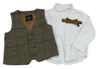 3 set - bílá košile + hnědo-černá kostičkovaná vesta + motýlek Next