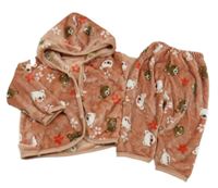 2 set - starorůžová plyšová propínací mikina s medvědy a kapucí + tepláky 