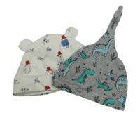 2set - 2x čepice - sivá s diny + biela s medvedíkmi