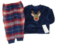 Nové - Tmavomodro-červeno-bílé plyšovo/flanelové pyžamo se sobem M&S
