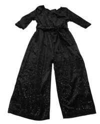 Černý sametový třpytivý kalhotový overal s páskem Dunnes