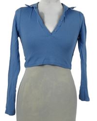 Dámské světlemodré žebrované crop triko s límečkem Zara 