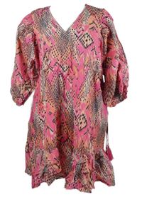 Dámske ružovo-tmavomodré vzorované plátenné šaty Papaya