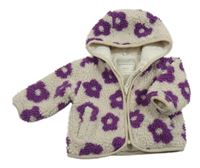 Béžová kvetinová huňatá zateplená bunda s kapucňou Tu