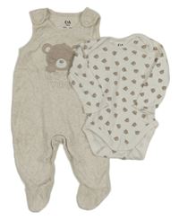 2set- béžové sametové dupačky s medvědem+ bílé body s medvědy C&A