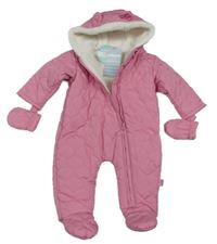 Nové - Ružová šušťáková prešívaná zimná kombinéza s kapucí+ rukavice Jojo Maman Bébé