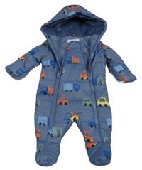 Modrá šusťáková zimní kombinéza s auty a kapucí Primark