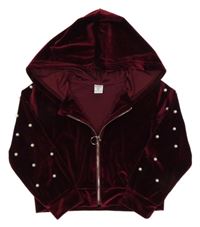 Vínová zamatová crop prepínaci mikina s perličkami a kapucňou Shein