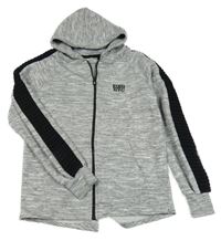 Šedo-černá melírovaná propínací mikkina s nápisem a kapucí