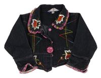 Tmavomodrá rifľová crop bunda s barevnými výšivkami a flitrami a gombíkom