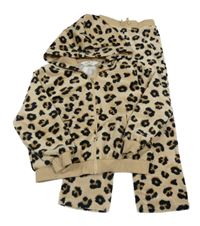 2 set - béžové sametové tepláky s leopardním vzorem + béžová propínací mikina s leopardím vzorem a kapucí H&M