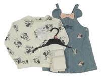 Nové - 3 Set - Modré riflové šaty s Minnie + Bílo-šedá lehká mikina s Minnie + Bílé punčocháče Disney