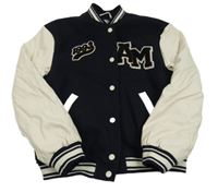 Tmavomodro-smetanová flaušovo/koženková baseballová bunda s nápisy H&M