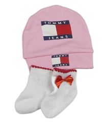 2set - Růžová bavlněná čepice s logem- Tommy Hilfiger + bílé ponožky s mašlí 