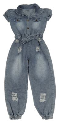 Modrošedý riflový kalhotový overal s páskem a prošoupáním