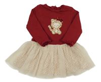 Rubínovo-pudrové teplákovo/tylové šaty s šelmou