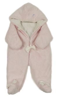 Světlerůžová chlupatá zateplená kombinéza s mašlemi a kapucí 