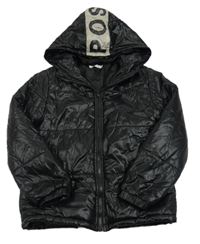 Čierno-sivá prešívaná šušťáková zateplená bunda s nápisom a kapucňou SHEIN