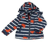Tmavomodro-biela pruhovaná šušťáková jarná bunda so srdiečkami a kapucňou Pocopiano