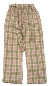 Béžovo-svetloružové kockované nohavice s opaskom