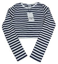 Tmavomodro-biele pruhované crop tričko Zara